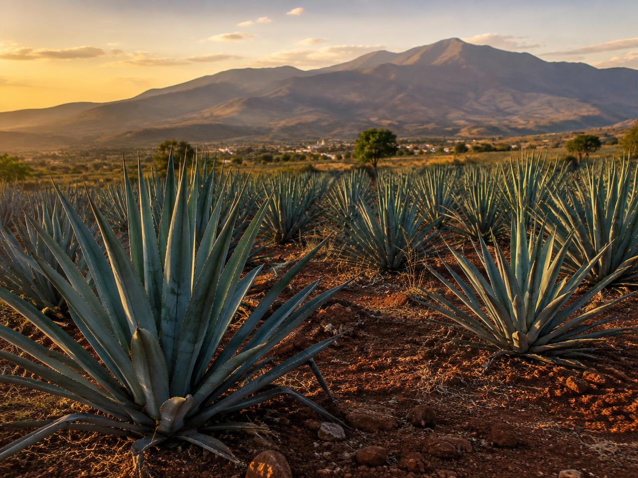 Campo de agave espadín en tierra roja de Santiago Matatlán, Oaxaca